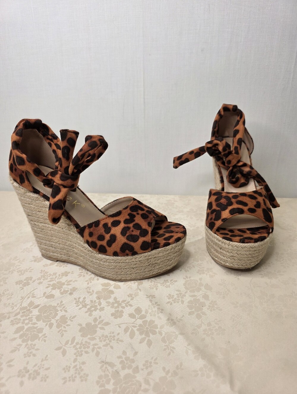 Allegra K Leopard Print Espadrille Wedge Sandals Tie Ankle Strap Platform 7.5